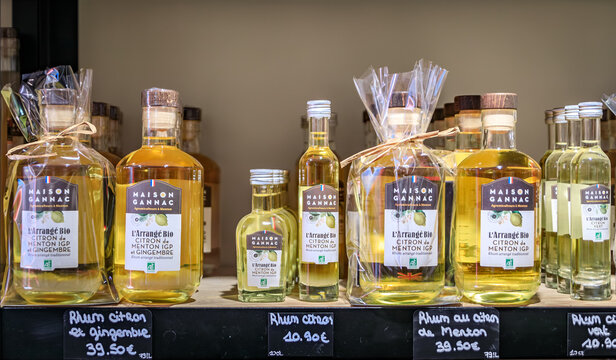 Rum infused with local lemons of Menton at an artisanal store in Nice, France
