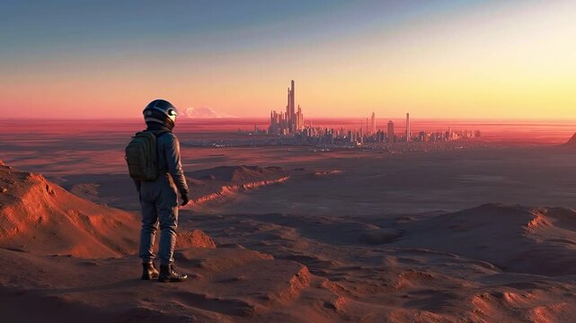 A man standing on top of a desert looking at a city