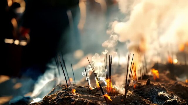 Chinese lunar new year Chunjie celebration concept. A closeup shot of a bonfire with burning incense sticks amidst a smoky atmosphere. The fire is surrounded by a thick layer of smoke.