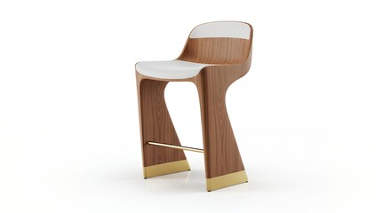A modern wooden bar stool with a white seat and brass accents on a white background.