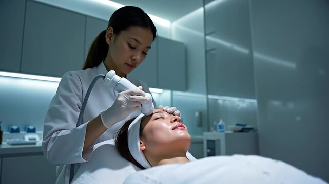A woman with a towel on her head laying down in a salon