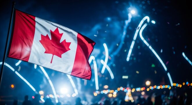 Canada flag waving during a festive night as fireworks explode in the background. National celebration for Canada Day.