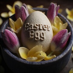 Easter egg in a bowl with tulips and flowers close up festive still life