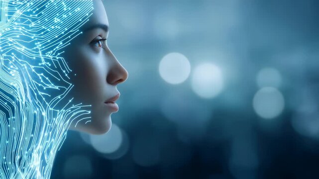 Side profile woman seamlessly blended with glowing digital circuits, representing synergy between humans, artificial intelligence. Conveys advanced technology, future innovation