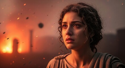 Ancient Roman woman weeping amidst the devastating Pompeii volcano eruption, ash falling upon her sorrowful face, tragic historical disaster unfolding.