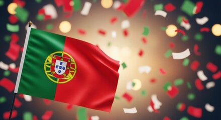 Portugal flag waving with gold bokeh and red, green, and white confetti. National holiday or celebration concept for Portugal.