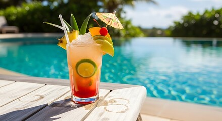 A refreshing cocktail by the pool with tropical fruit and a small umbrella decoration on top