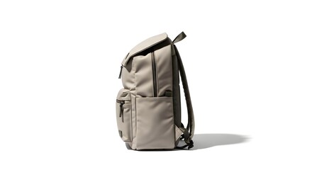 Naklejka premium Side view of a gray backpack with multiple pockets against a white studio backdrop showing shadow