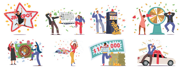 Fototapeta premium Lucky lottery winners, casino players, happy people characters celebrating striking financial prize