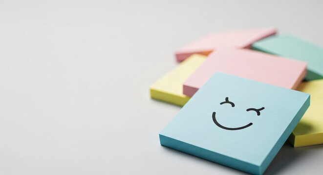 Smiling Blue Sticky Note on Colorful Stack with Copy Space perfect for website banner, blog post header, social media graphic, presentation slide,