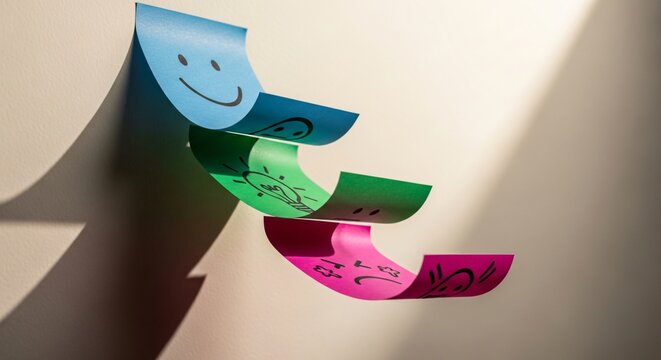 Colorful Emoji Sticky Notes Cascade with Shadows perfect for social media post, blog illustration, presentation slide, website banner, marketing