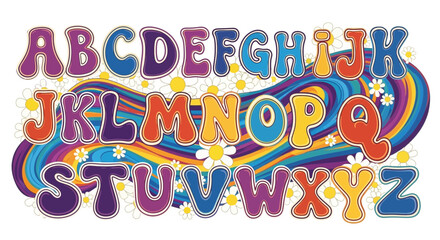 Vibrant groovy alphabet illustration with colorful letters and daisy accents on white