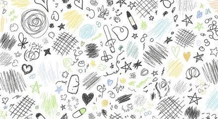 Playful and whimsical hand-drawn doodles on white background creating an aesthetic pattern