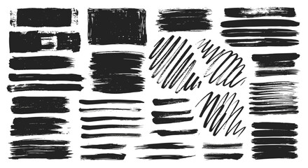 Diverse black brush strokes and scribbles collection on white background, for design