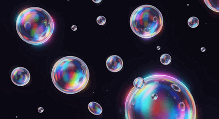 Floating iridescent bubbles on a dark background create a dreamy atmosphere