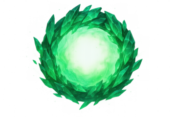 Emerald crystal portal opening, creating green magic energy vortex with glowing mystical light on transparent background