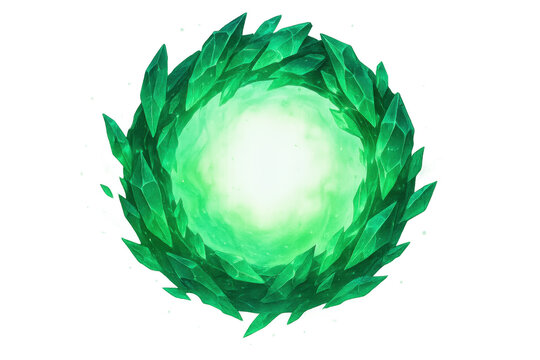 Emerald crystal portal opening, creating green magic energy vortex with glowing mystical light on transparent background