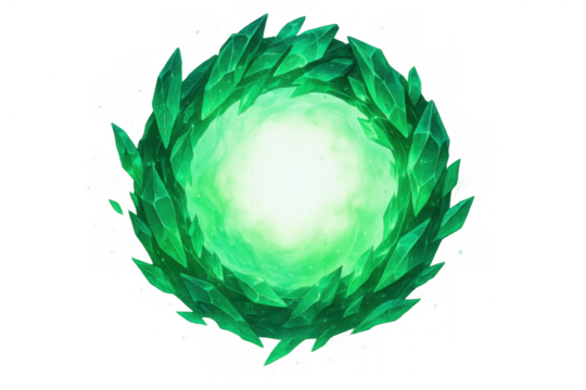 Emerald crystal portal opening, creating green magic energy vortex with glowing mystical light on transparent background