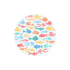Underwater cartoon sticker fish swirl design in colorful round concept. Vivid aquatic life forms a seamless marine pattern. Abstract ocean circle background with playful sea creatures, ideal for