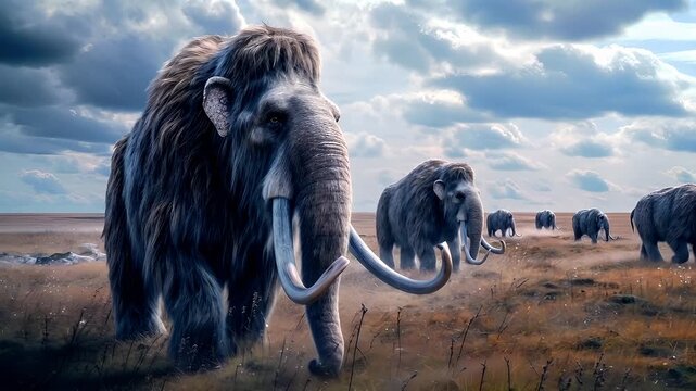 A vivid portrayal of a mammoth in a vast, open field under a partly cloudy sky. The mammoth is depicted with a realistic yet slightly stylized appearance.