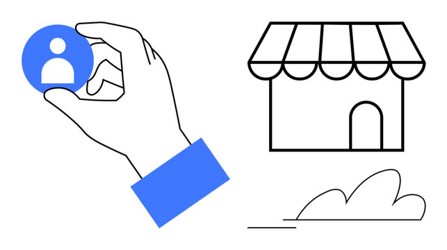 Hand holding a user profile icon next to a small storefront with an awning and simplistic shrubbery. Ideal for business, marketing, commerce, recruitment, customer focus, retail, networking. Simple