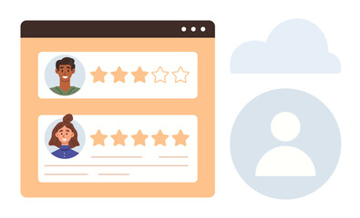 Browser window displays user reviews with star ratings alongside a cloud and profile avatar. Ideal for customer reviews, rating systems, user feedback, rankings, online reputation, analytics