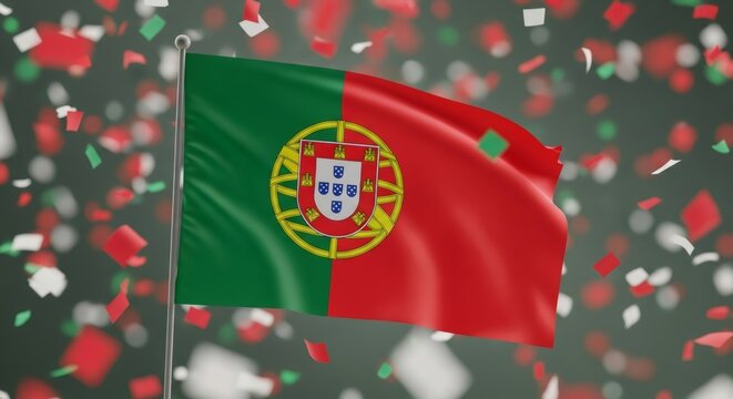 Portuguese flag waving on a pole with falling confetti. National holiday celebration and patriotic event. - Powered by Adobe