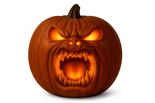 Scary jack-o'-lantern pumpkin with glowing evil face and sharp teeth for halloween, transparent background