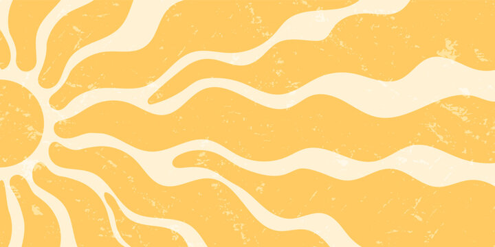 Groovy retro sun burst with orange ray in horizontal orientation. Graphic sunshine wave in bold yellow brings vintage y2k energy as a grungy abstract background. Strong nostalgic mood and style.