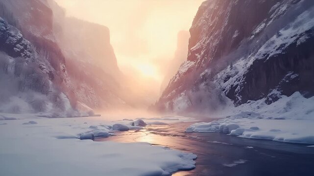 A digital artwork depicting a serene winter landscape. The scene is dominated by a tranquil river surrounded by snowcovered mountains and a misty atmosphere.