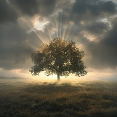 Obraz premium Tree basks in sunlight on meadow, dramatic clouds in background, for meditation