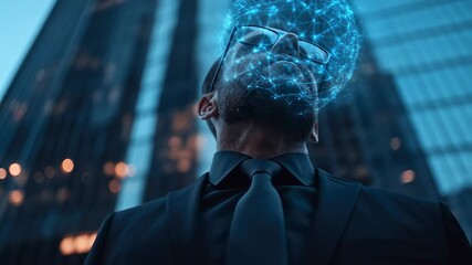 Futuristic businessman with digital interface overlay in urban city environment showcasing - Powered by Adobe