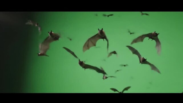 Dynamic flight of bats on green screen for spooky Halloween effects and wildlife documentaries, creating a scary yet captivating atmosphere