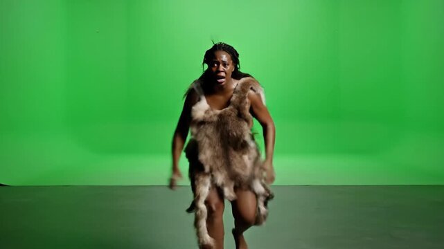 Energetic cavewoman sprints fearlessly across the studio with a vibrant green backdrop