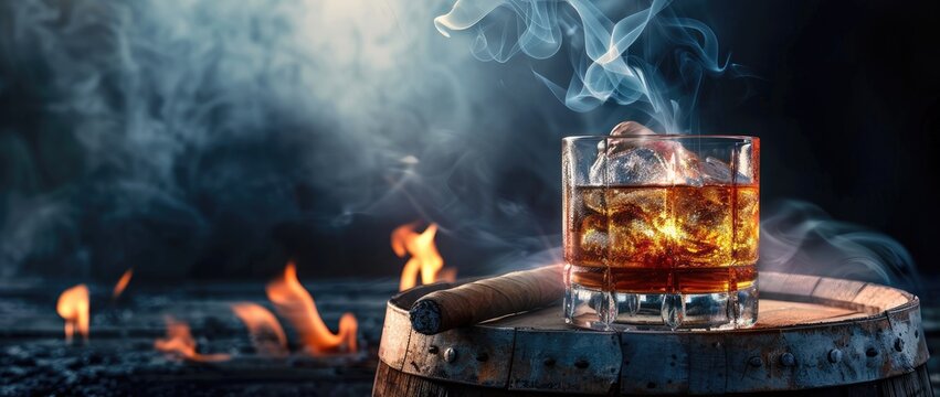 Drink & cigar on barrel w/fire & smoke, used for an ad, celebration, or article