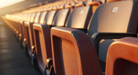 Empty stadium seats bathed in golden light invite reflection and anticipation for upcoming games, offering a sense of community and excitement