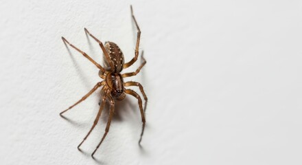 Close-up view of a brown spider with long legs crawling on a clean white wall surface.