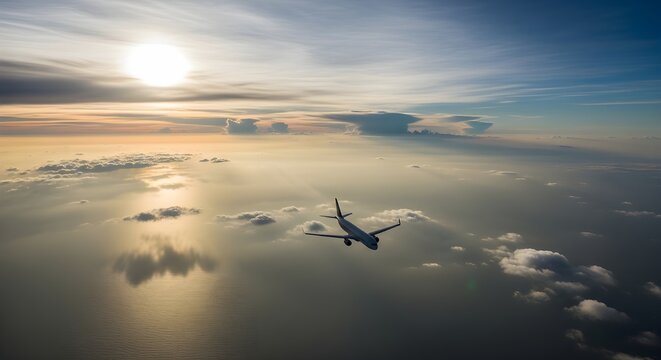 Majestic airplane soaring above clouds at sunset, a symbol of travel and freedom, perfect for aviation enthusiasts and travel promotions.