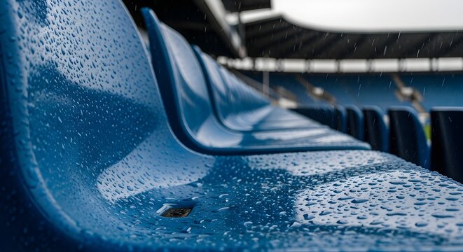 Raindrops clinging to stadium seats create a somber mood, reflecting the quiet anticipation of a game, with a blue monochrome aesthetic