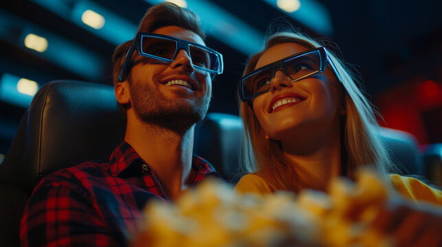 Couple Enjoying Film With 3D Glasses And Popcorn In Modern Cinema Setting - Powered by Adobe