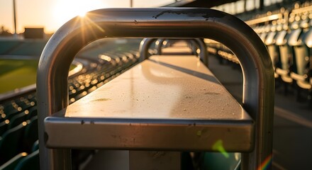 Golden hour sunbeams illuminate empty stadium seats, evoking anticipation and the quiet before the game begins