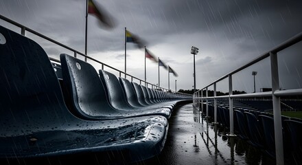 Empty stadium seats glisten with rain under dramatic stormy skies, creating a moody, atmospheric scene perfect for sports or event cancellations.