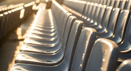 Empty stadium seats bathed in warm golden sunlight, creating a serene and reflective atmosphere perfect for contemplation or anticipation