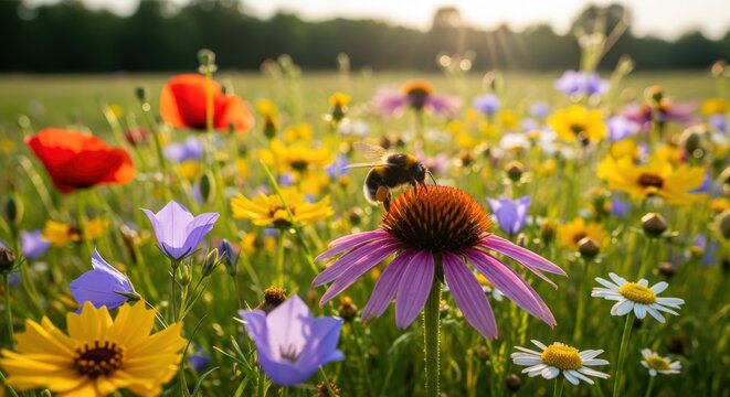 A beautiful and vibrant wildflower meadow bathed in warm sunlight, with a bee pollinating a purple coneflower amidst a variety of colorful blossoms.