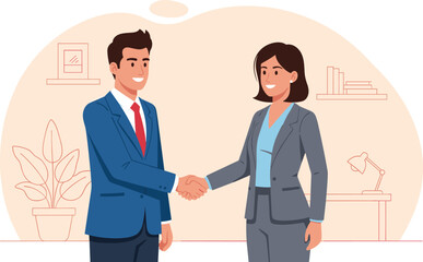 Business professionals shaking hands in office setting symbolizing partnership, agreement, teamwork and corporate success - flat vector illustration