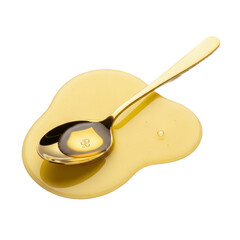 Golden Spoon in Puddle of olive oil  isolated on transparent background, png