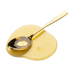 Golden Spoon in Puddle of olive oil  isolated on transparent background, png