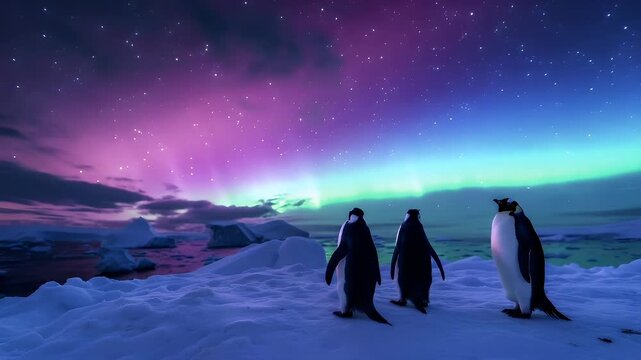 Aurora Borealis in the sky with penguins on snowcovered ground and icebergs in the foreground. The style is a blend of realism and fantasy, with a focus on the natural beauty of the environment.