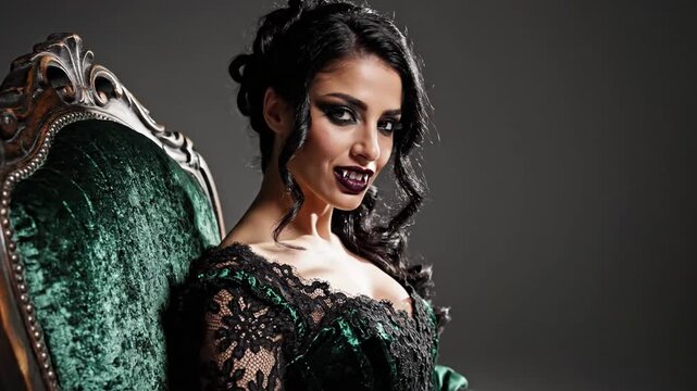 Female model in vampire‑inspired cosplay posing on green velvet armchair in studio photoshoot, showing fangs, dramatic smoky eye makeup and lace corset dress, gothic portrait