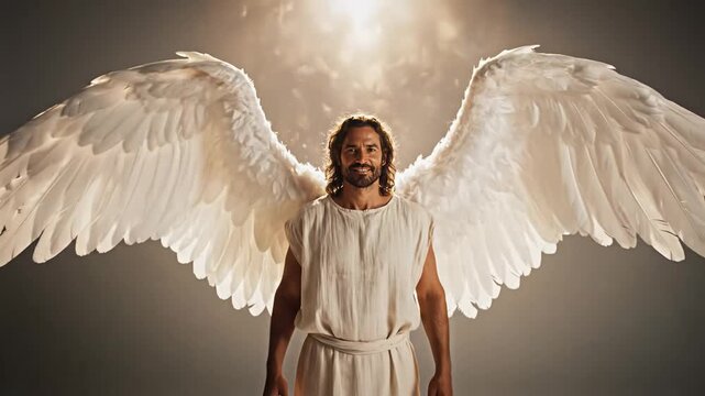 Male cosplayer dressed as angel with expansive white feathered wings, standing in studio under warm backlight, wearing simple white robe, symbolizing protection, hope and purity